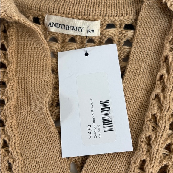 Andthewhy tan collared open knit long sleeve vneck sweater - Picture 10 of 16